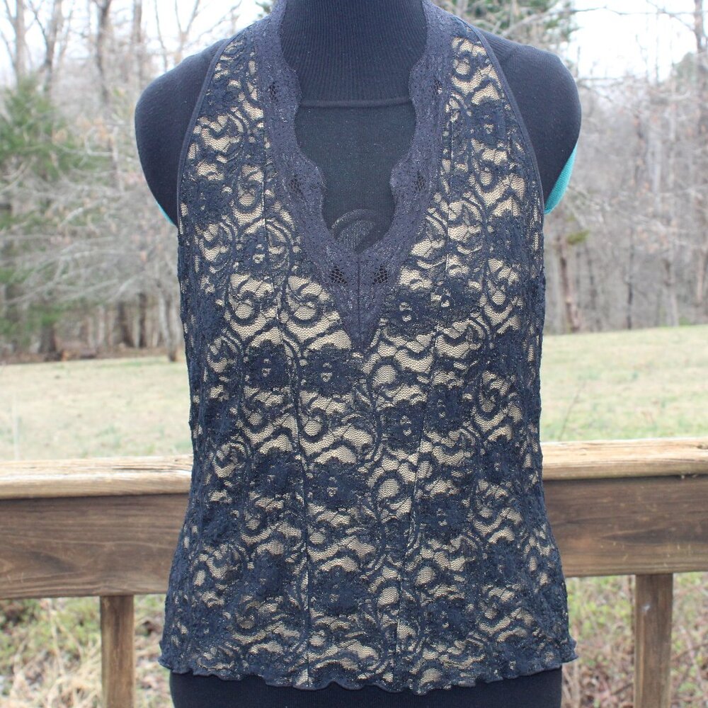 BLACK LACE HALTER Sexy Backless Top -INC- Lined in stretchy nude Sz L